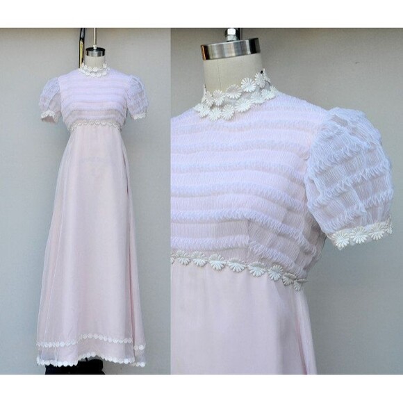 Vintage 60s Maxi Pink White Floral Dress - Gunne Sax Style Bohemian Wedding XS - Picture 1 of 10